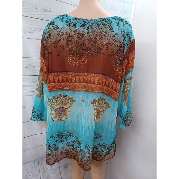 Cato Chiffon Blouse Turquoise Brown Gold Sz 22/24W - Picture 5 of 11